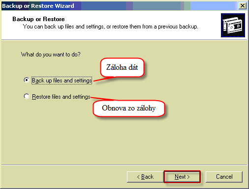 Zvolíte možnosť zálohovať súbory a zložky