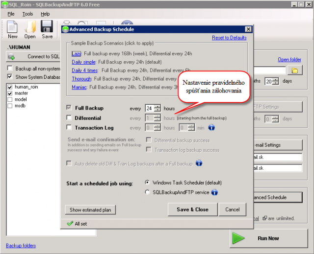 Nastavenie pravidelného spúšťania zálohovania SQL databáz