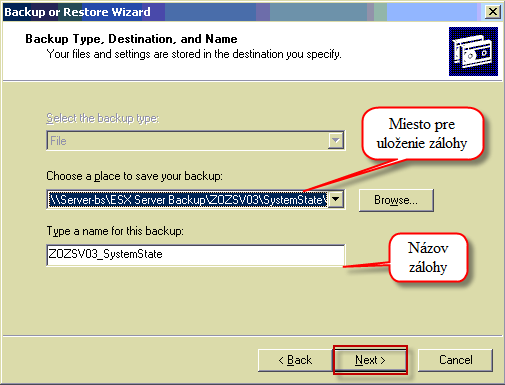Zadáte si miesto pre uloženie zálohy a názov zálohy
