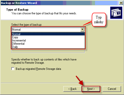 Vyberiete si aký typ zálohy sa bude vykonávať