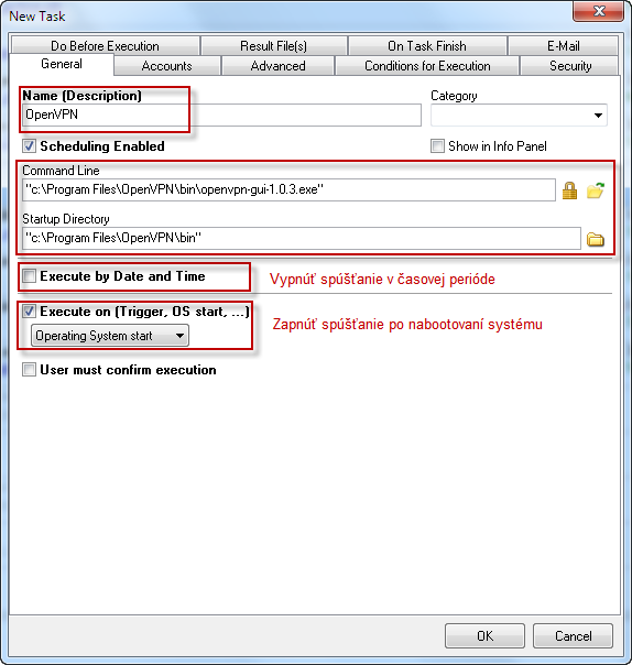 V záložke General vyplníme údaje k spusteniu programu OpenVPN-gui..-exe