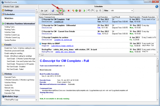V C-MonitorConsole v Scheduleri dáme naplánovať novú úlohu