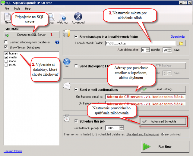 Nastavenie zálohovania SQL databázy