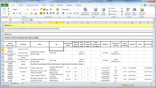 Report - Nastavenie Zálohovania a Image (Excel)