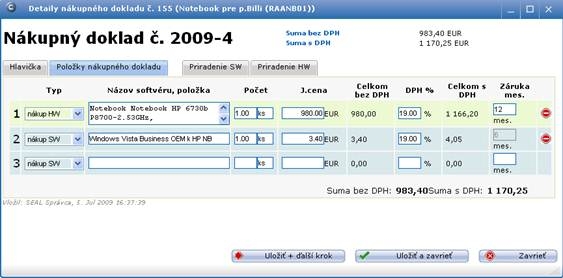 Príklad položiek v nákupnom doklade, rozpísaný HW a SW do dvoch položiek