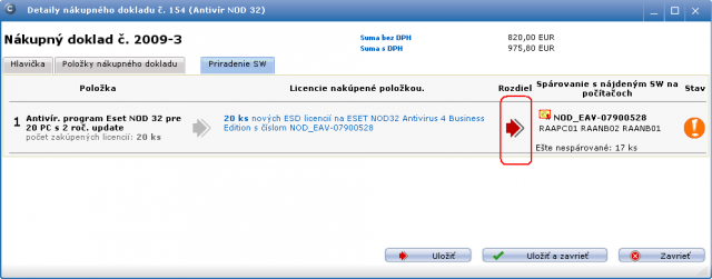 Začiatok párovania evidovanej licencie z nákupného dokladu. Na ukážke je vidieť, že voľných licencií k spárovaniu je ešte 17