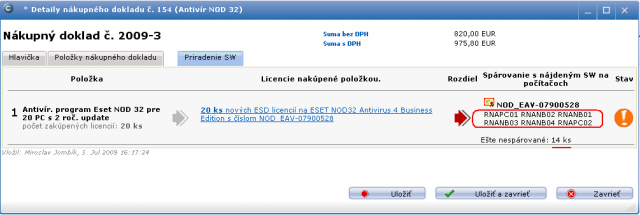 Výsledné zobrazenie spárovaných licencií v nákupnom doklade. Ešte stále 14 licencií je voľných.