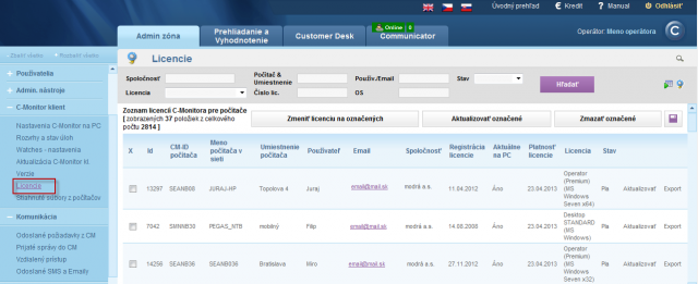 Zobrazenie typu a stavu licencie pre počítače registrované na CM serveri