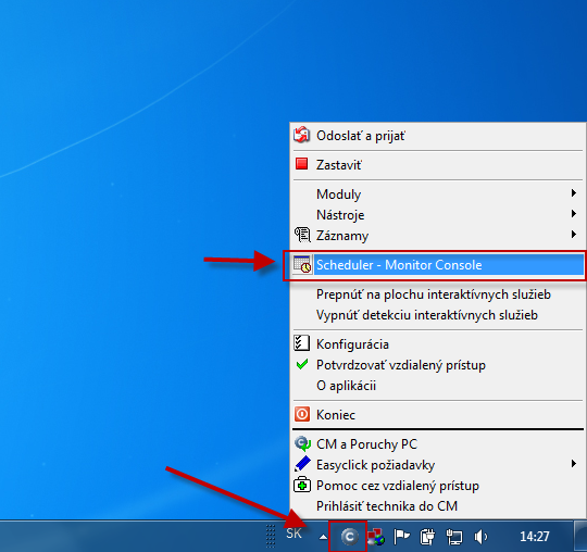 Vstup do schedulera cez Tray menu C-Monitor ikonky