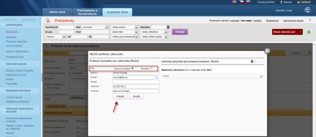 Vytvorenie kontaktu k zákazníkovi