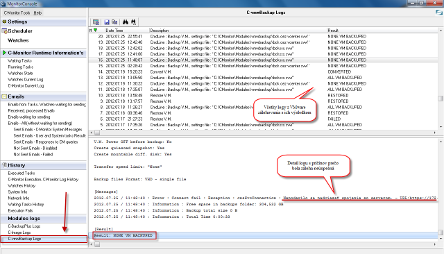 Zobrazenie logov o priebehu VMware zálohovaní priamo cez C-Monitor