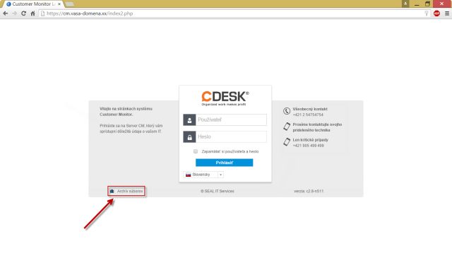 Vstup do archívu cez Úvodnú prihlasovaciu obrazovku do CM portálu