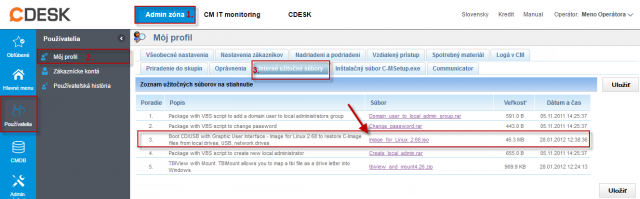 Stiahnutie bootovacieho CD z časti Admin zóna -> Môj profil -> Interné užitočné súbory