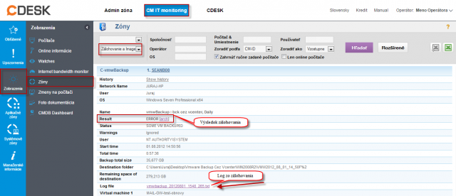 Zobrazenie zálohovania v časti zóny s výsledkom zálohovania a možnosťou prezrieť si Log zo zálohovania