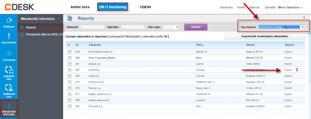 Vstup do reportov a export pre vybraného zákazníka