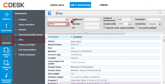 Zoznam nainštalovaného softvéru v časti Prehliadanie a vyhodnotenie -&gt; Zóny -&gt; Softvér