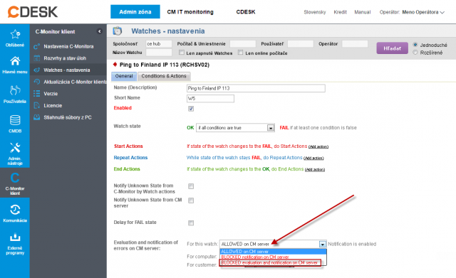Obrázok: Blokácia vyhodnocovania &amp; notifikácie stavu Watches z CM Servera