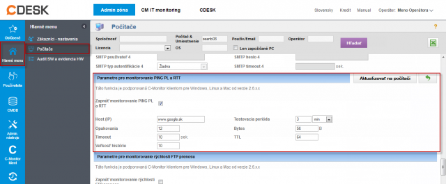 Nastavenie monitoringu Ping PL,RTT v časti Admin zóna -&gt; Počítače -&gt; záložka nastavenie C-Monitora 