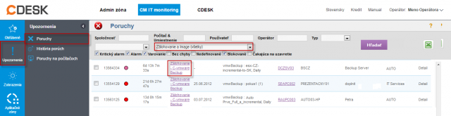 Zobrazenie chybných zálohovaní v časti poruchy