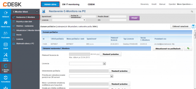 Zmena nastavení C-Monitor klienta v časti Admin zóna  -> C-Monitor klient ->Nastavenia C-Monitor na PC