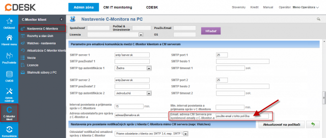 Určenie emailovej adresy pre odosielanie správ do CM servera