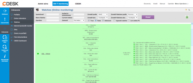 Ukážka v CM Portáli  vlastného výberu performance countrov pre sledovanie SQL výkonu