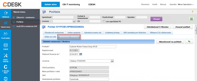 Zmena nastavení C-Monitor klienta v časti Admin zóna -> Hlavné menu -> Počítače