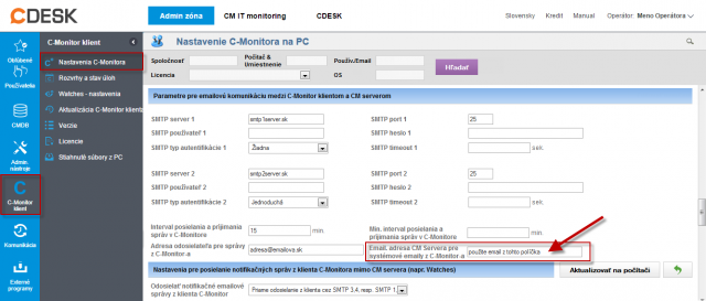 Určenie emailovej adresy pre odosielanie správ do CM servera