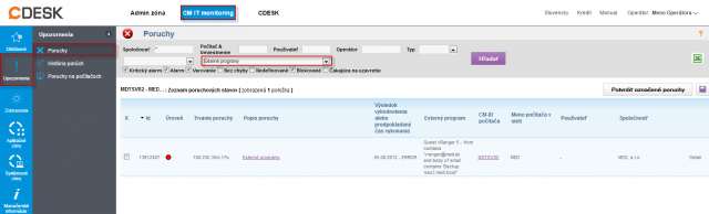 Zobrazenie v poruchách na CM portáli