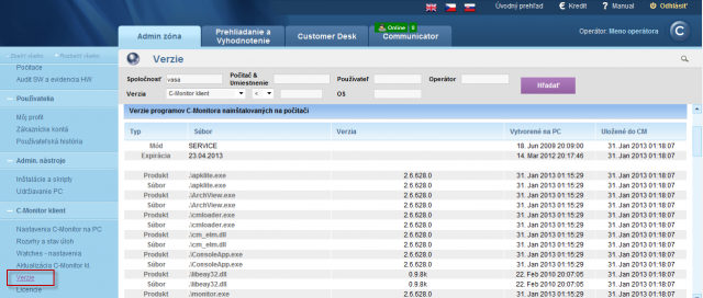 Zobrazenie verzií modulov C-Monitor klienta